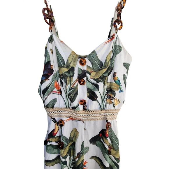 PatBo Tropical Bird Print Crochet Lace Tortoise Button Resort Beach Jumpsuit 4‎ - Picture 2 of 12